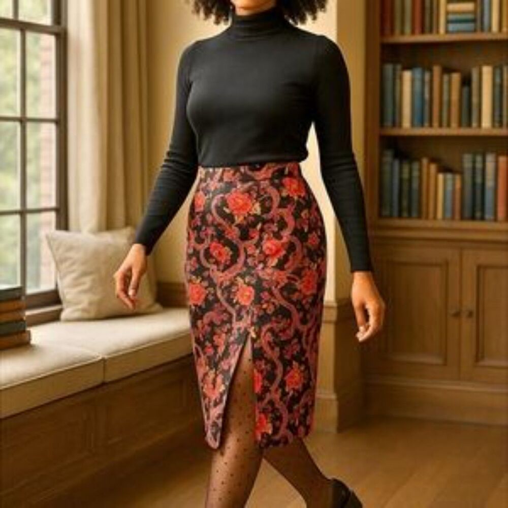 Modcloth midi pencil skirt floral whimsy front slit Large L Satin Feel